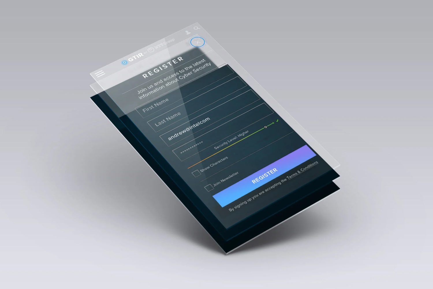 NTT — mobile registration flow with password strength feedback
