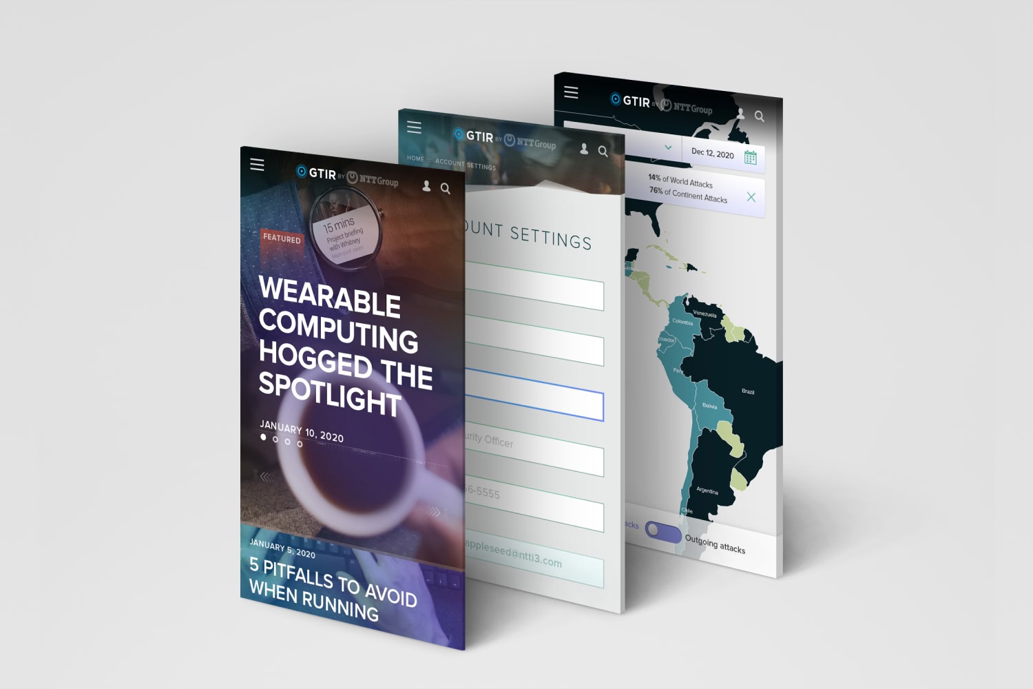 NTT — responsive mobile screens: featured story, account settings, regional attack map