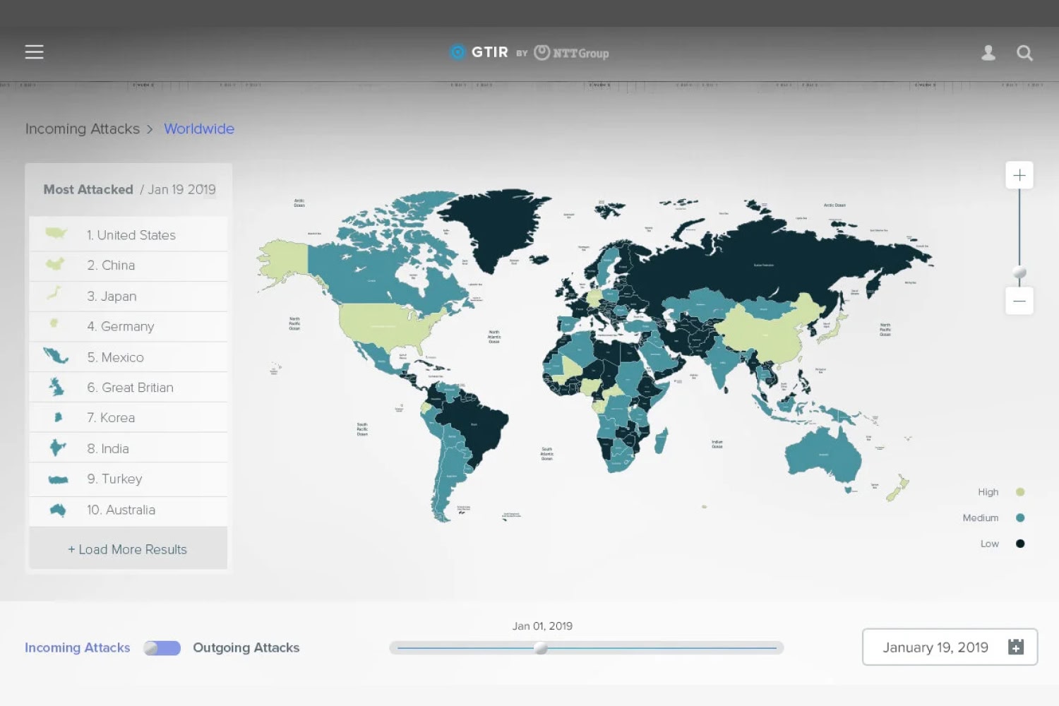 NTT — worldwide incoming attack map with country ranking and date scrubber