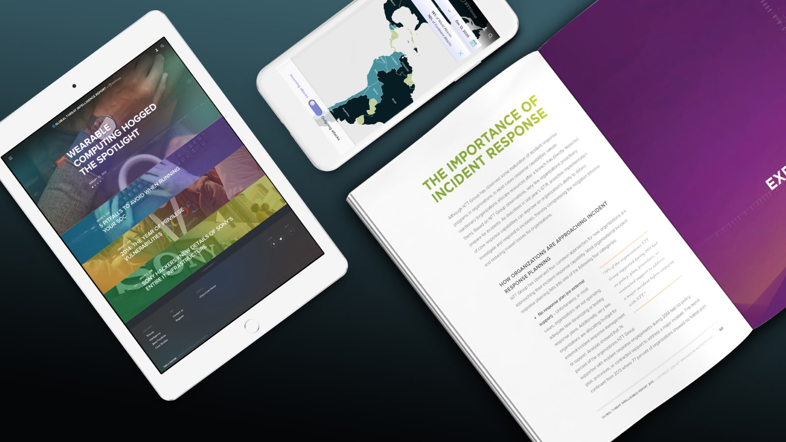 NTT Security — the threat intelligence platform on tablet and mobile alongside the printed Global Threat Intelligence Report