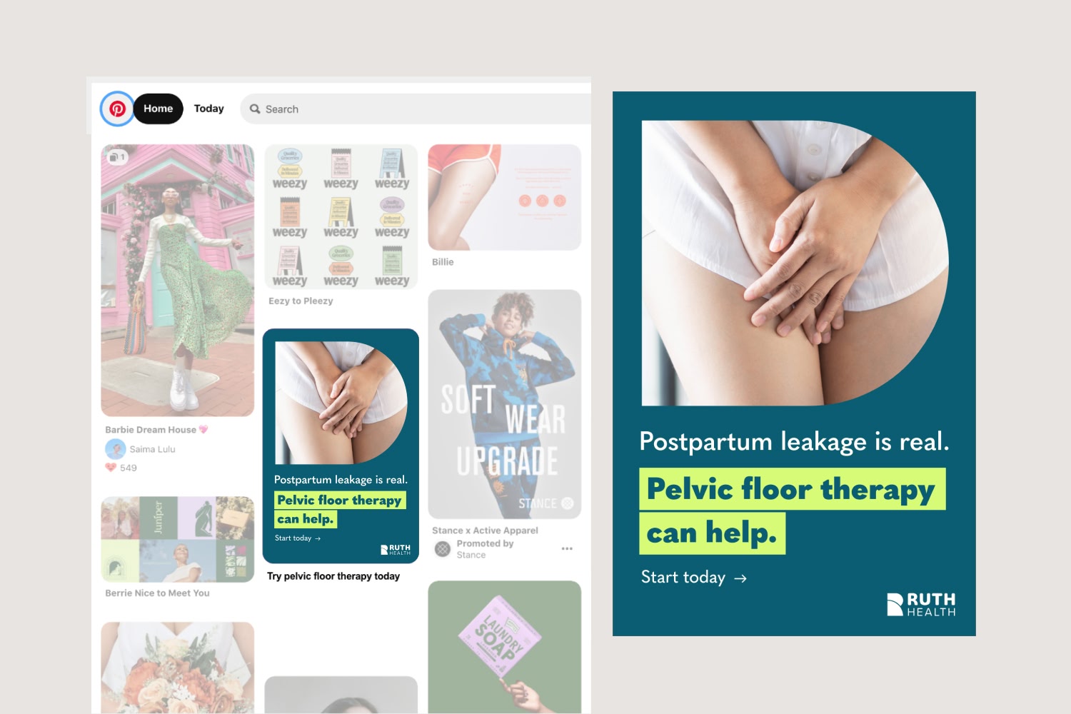 Ruth Health — pelvic floor therapy campaign creative in a Pinterest feed