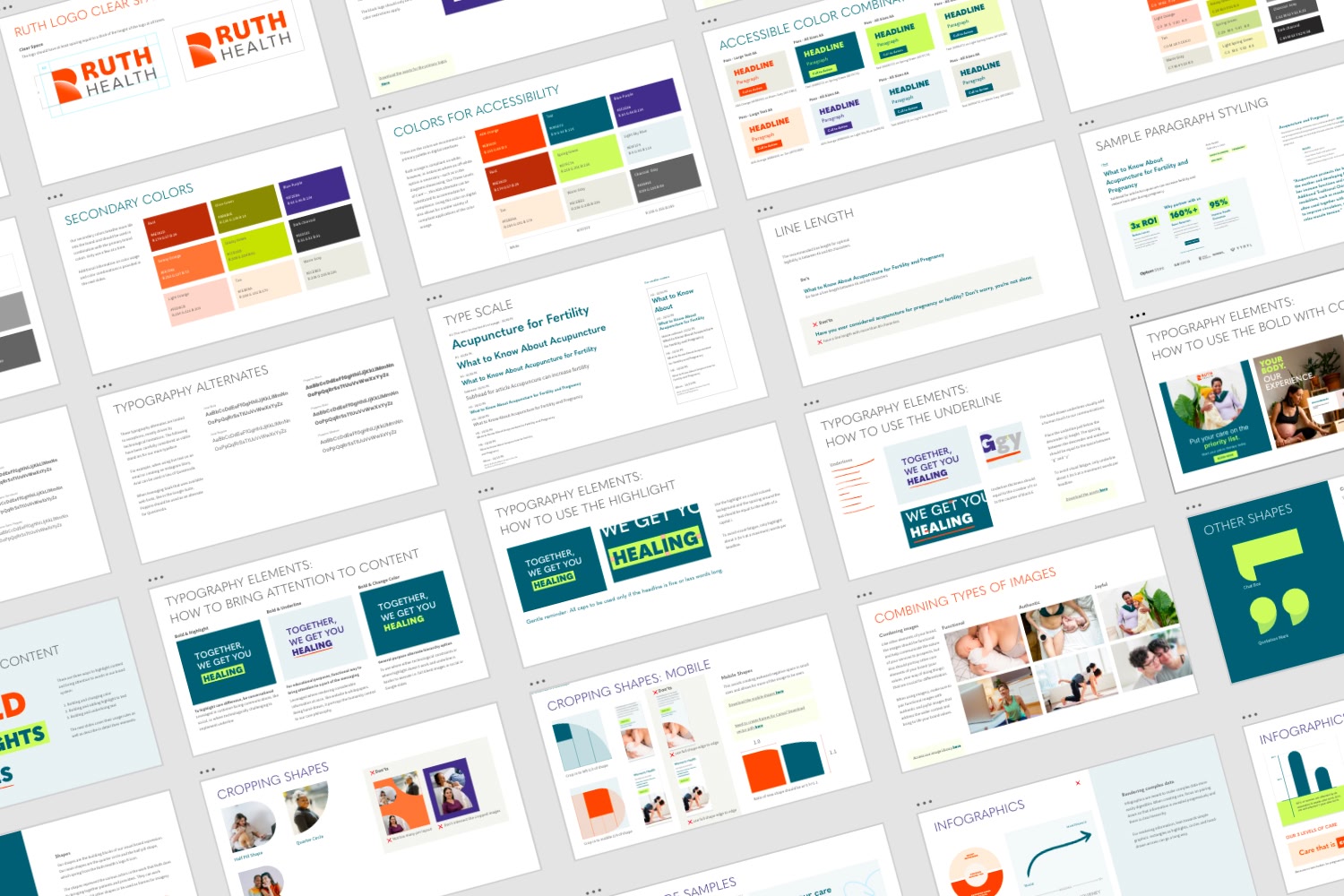 Ruth Health — brand guidelines covering color, type, image cropping and infographics